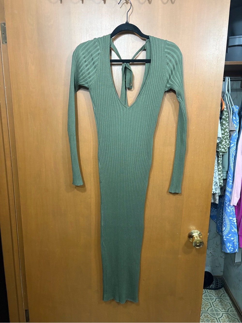 NBD Olive Green Ribbed Long Sleeve V-Neck Tie-Back Maxi Dress